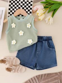 SHEIN Genkimix Kids 少女钩针镂空上衣，蓝色牛仔短裤，甜美无袖白色花朵上衣，夏季户外度假活力少女装扮 - 綠色 - 查看 5