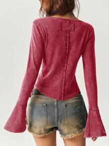 Bohemela BOHO Vacation Solid Color Knit Round Neck Flare Sleeve Fitted Regular Women T-Shirt