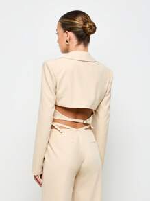 AiiRZ Luxury Professional Cropped Blazer High Fashion Cut Out Back Design Office Party Evening Formal Wear Modern Tailored Waist Straps Structured Shoulders Business - Khaki - View 2