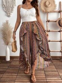 SHEIN Holidaya Plus Size Women Floral Pattern Slit Ruffle Hem Wide Leg Pants, Vacation Style - Green - View 5