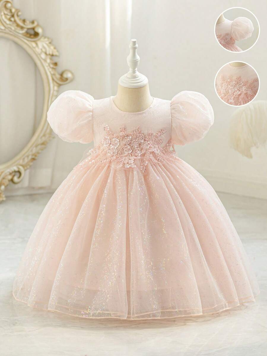 SHEIN Glamorique Kids Easter Girl Formal Wear Vintage Elegant Puffy Sleeve Floral Applique Party Dress, Luxury Custom High-End For Family Gathering, Ceremony, Party Focus