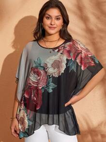EMERY ROSE Maglietta casual larga con maniche a pipistrello e stampa floreale, taglie forti per donna