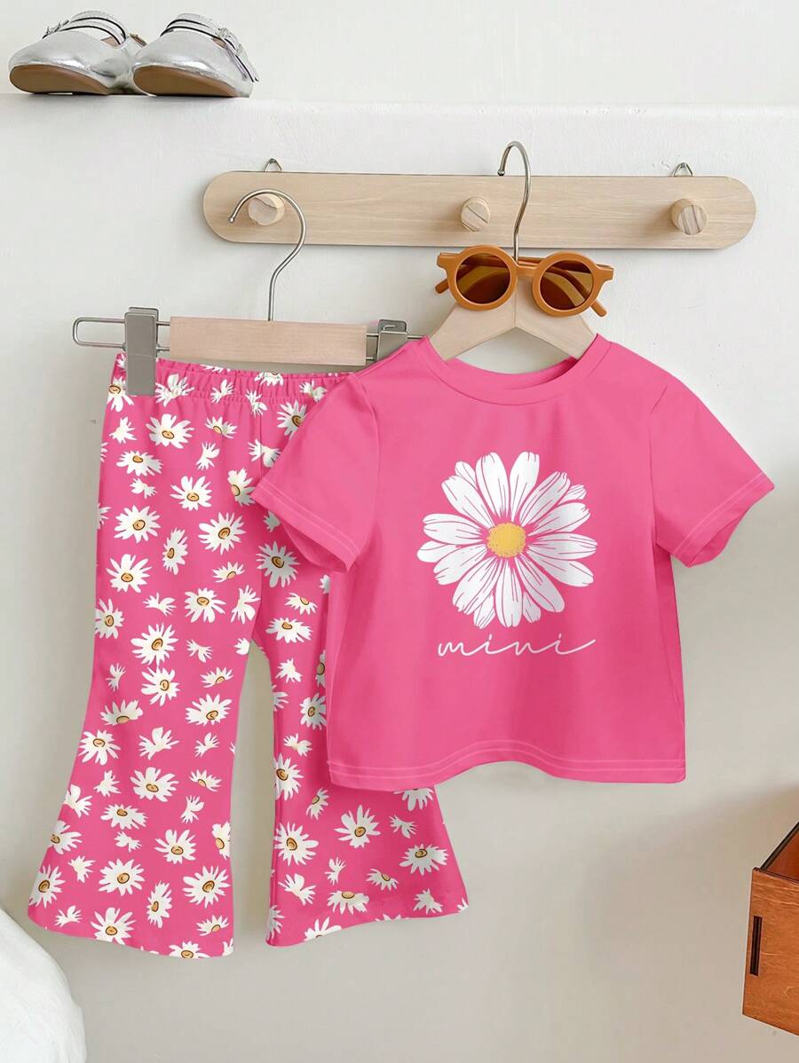 SHEIN Leap Crew 女宝宝休闲简约短袖圆领长裤套装,适合春夏季 - 彩色 - 查看 1