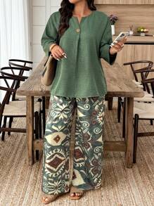 EMERY ROSE 2pcs/Set Plus Size Casual Solid Color Long Sleeve Top And Pants Set