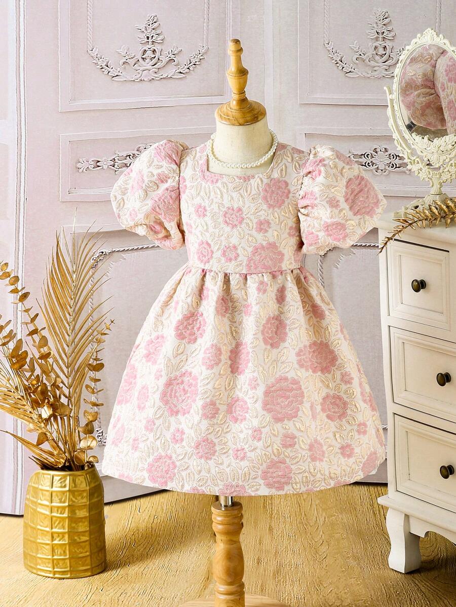 SHEIN Young Girl Elegant Floral Jacquard Stand Collar Puff Sleeve A-Line Waist Dress, Fancy Princess Retro Style Sweet Heavy Gold Thread - Pink - View 1