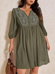 Elaquor Plus Size Long Sleeve Dress, Fashionable For Summer Spring - Army Green - View 7
