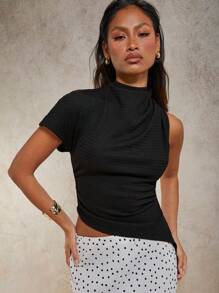 COSMINA Women's Solid Color Stand Collar Asymmetric Short Sleeve Ruched Chic Top - Black - View 6