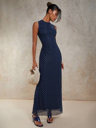 COSMINA Women's Navy Mesh Polka Dot Print Crew Neck Sleeveless Fitted Dress
