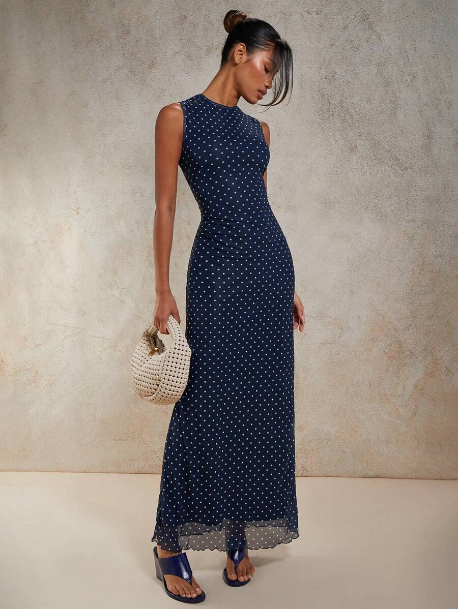 COSMINA Women's Navy Mesh Polka Dot Print Crew Neck Sleeveless Fitted Dress - Navy Blue - View 1