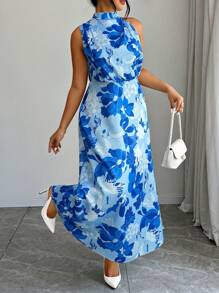 Elenzga Women's Floral Allover Print Sleeveless Stand Collar Casual Long Dress Easter Wear