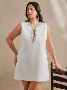 Anewsta Plus Size Women Elegant Deep V-Neck Sleeveless Beaded Embellished Mini Dress, Suitable For Vacation, Holiday, Festival, Party - White - View 5