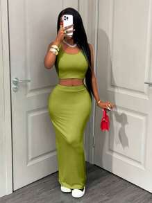 BamGleam 2 Stücke/Set Damen einfarbiges ärmelloses Top und figurbetonte Maxirock - Olivgrün - Übersicht 3