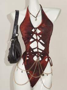 SHEIN ICON Coachella Beaded Summer Outfits For Women Boho Vacation  Country Concert Outfit  Tie-Dye Cross-Back Halter Neck Woven Chain Decor Bodysuit