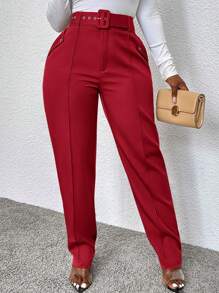 SHEIN ChicEase Quần âu ôm vừa vặn thường ngày dành cho nữ có thắt lưng, mùa thu - Đỏ - Xem 6