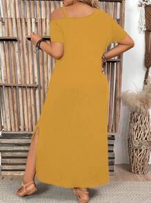 Đầm Maxi Màu Trơn Đơn Giản Hàng Ngày Cỡ Lớn Cho Nữ, Trang Phục Lễ Tạ Ơn Cho Nữ - Màu vàng - Xem 2