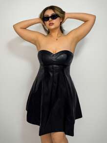 SHEIN ICON Plus Size Strapless A-Line PU Leather Dress - Black - View 3