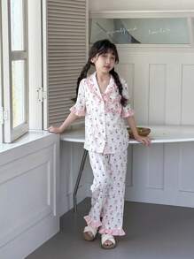 Dozemod Tween Girl 2Pcs Flower Print Contrast Ruffle Collar Button Front Blouse And Pants Woven Comfortable Pajama Set - Pink - View 5