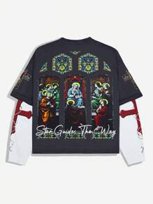 ROMWE MEN Goth Casual Loose Fit Printed Round Neck Long Sleeve T-Shirt With 2 In 1 Design - Dark Grey - View 1