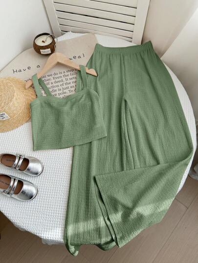 LMoss Kids Set de 2 piezas: Camiseta de tirantes de unicolor tejida y pantalón de pierna ancha para niña preadolescente LMoss