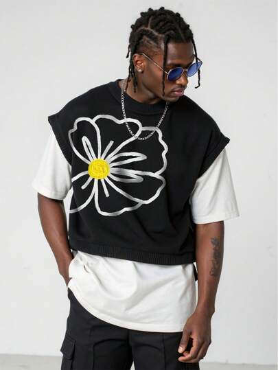 Street Life Men's Floral Embroidery Round Neck Short Sleeve Loose Knit Sweater, Vacation