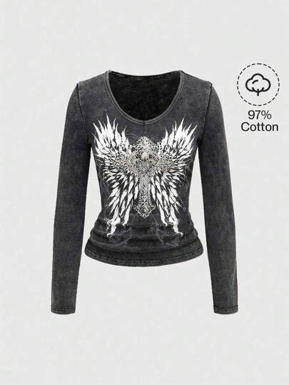 Grunge Punk Women's Cross & Wing Rhinestone Embellished Fitted T-Shirt