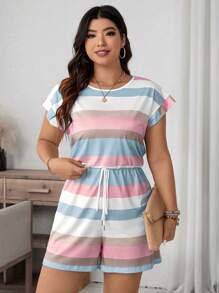 SHEIN LUNE Plus Size Colorful Striped Casual Jumpsuit, Minimalist & Fashionable For Summer Romper Summer Outfits For Women Jumpsuit For Women Rompers For Women Plus Size Women Clothes Beach Outfits For Woman Vacation Outfits Women Mother Day - Multicolor - View 4