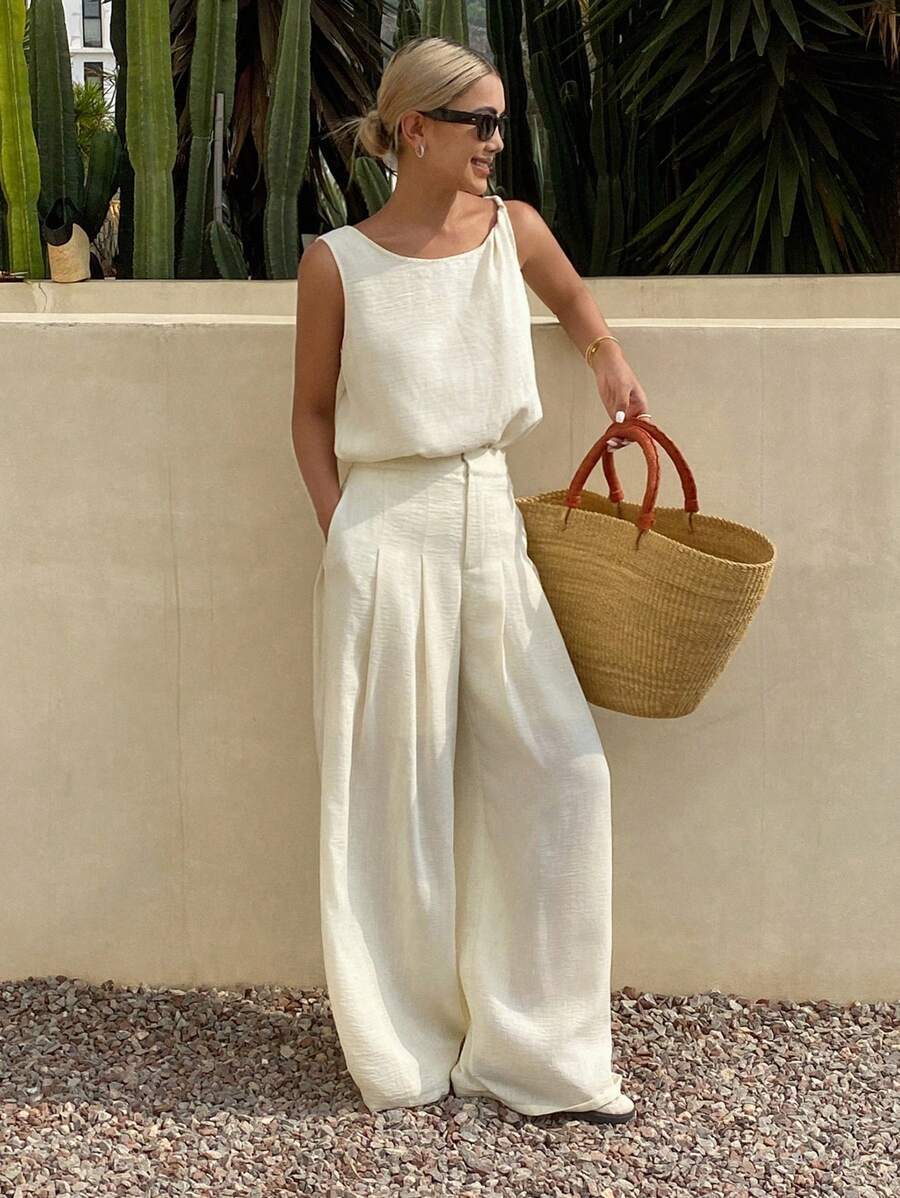 DAZY 2 件套女士纹理不对称领无袖上衣和裤子套装，春夏 - 白色 - 查看 1