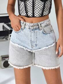 RueChic 100%Cotton Letter Patched Raw Hem Denim Shorts