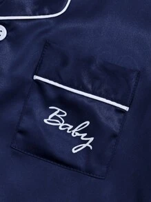 2pcs Baby/Toddler Boys Simple Solid Color Letter Print Short Sleeve T-Shirt And Pants Lightweight Casual Pajamas Set, Spring/Summer Mother Day Gift Graduation Gift Summer Clothes Satin Navy Pajamas Sets - Navy Blue - View 3