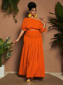 Maweii Plus Size Vacation Casual Solid Asymmetrical Neck Top And High Slit Skirt 2 Pieces Set - Orange - View 5