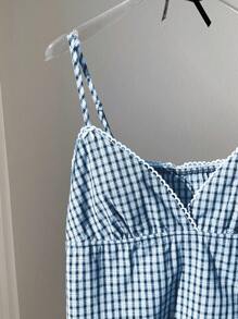 Comfortcana 海军蓝和白色格纹加大码吊带背心，夏季时尚 - 藏蓝色 - 查看 4