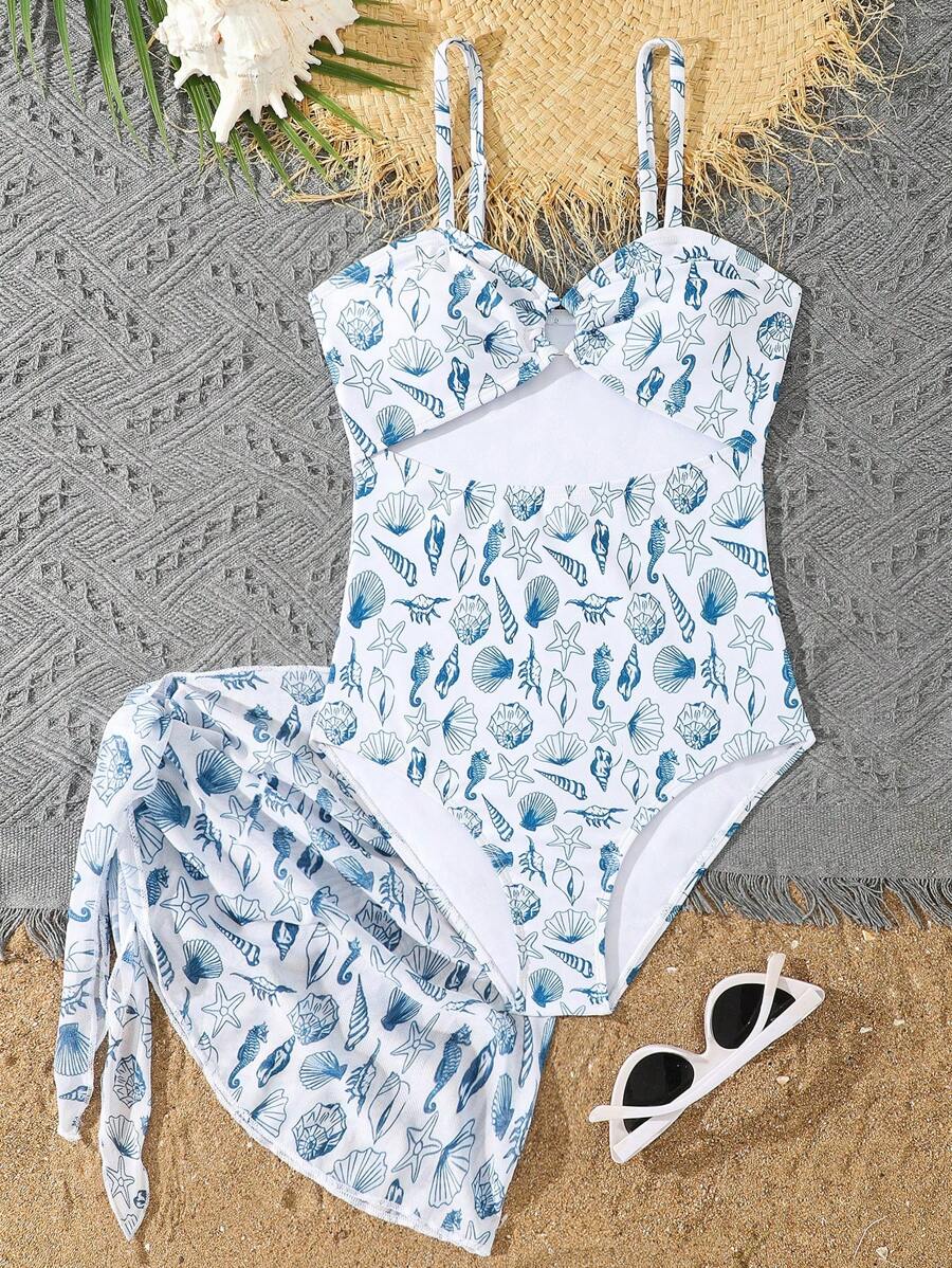 SHEIN Teen Girl Shell Print Hollow Out Spaghetti Strap One-Piece Swimsuit With Matching Skirt,Summer Beach Holiday Bathing Suit Set For Teens Kids 2pcs - Blue - View 1