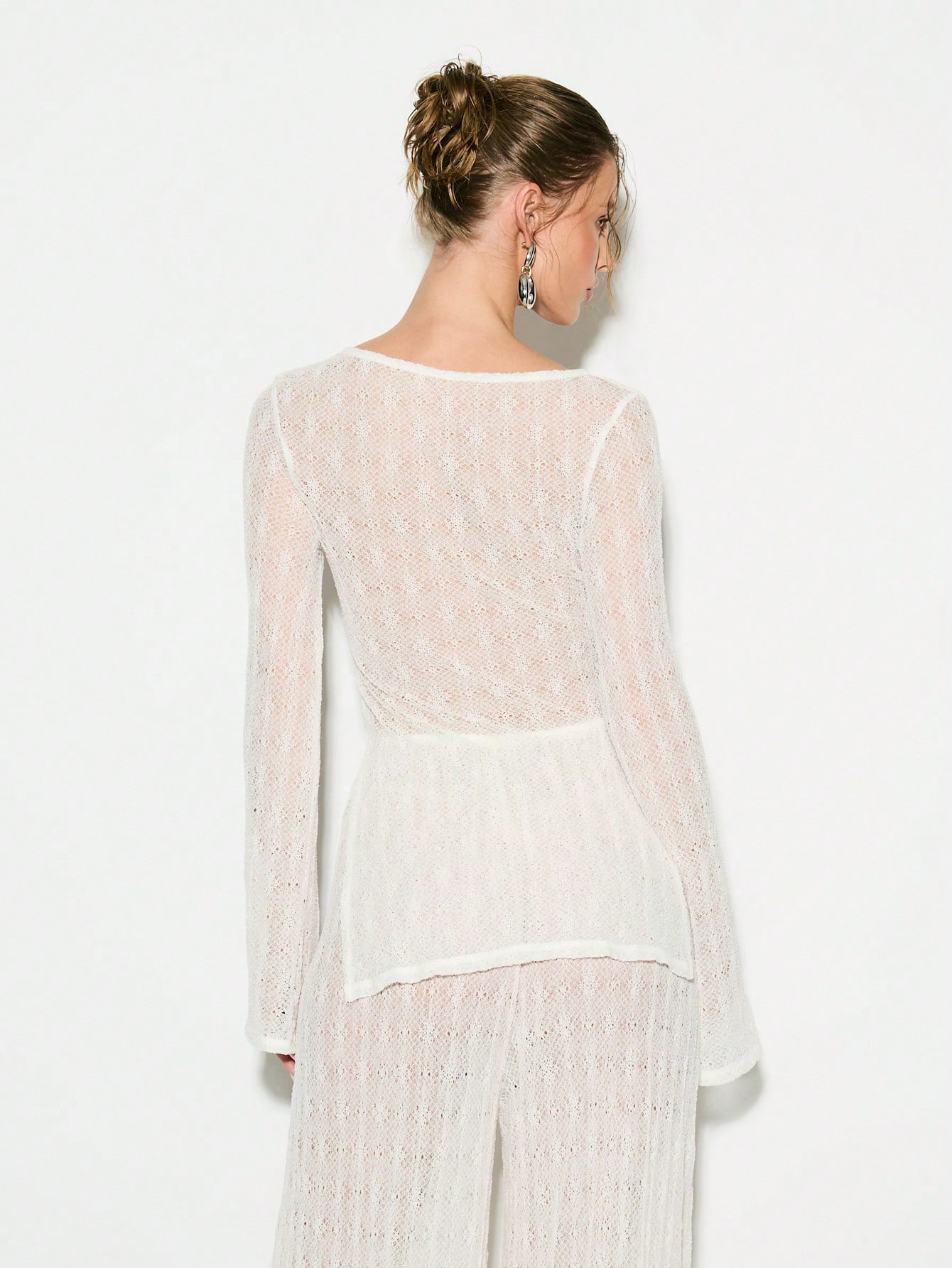 KIZN Elegant Sheer Webbed Lace Long Sleeve Blouse