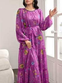 Modelyn Women's Extra Long Floral Print Chiffon Cinched Waist Waist Dress, Elegant For Spring & Summer
