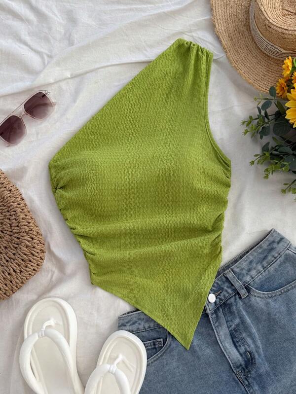 Soleia Blusa de mujer de talla grande para vacaciones de verano con cuello y bajo asimétricos