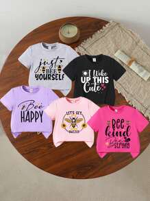 5pcs/Pack Girls Casual Short Sleeve Letter Bee Print Top, Summer - Multicolor - View 1