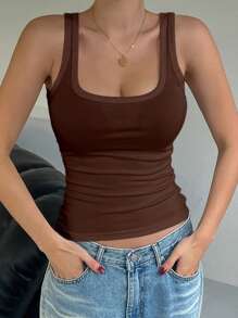 DAZY Women Solid Color Minimalist Casual Everyday Y2k Tank Tops - Brown - View 3