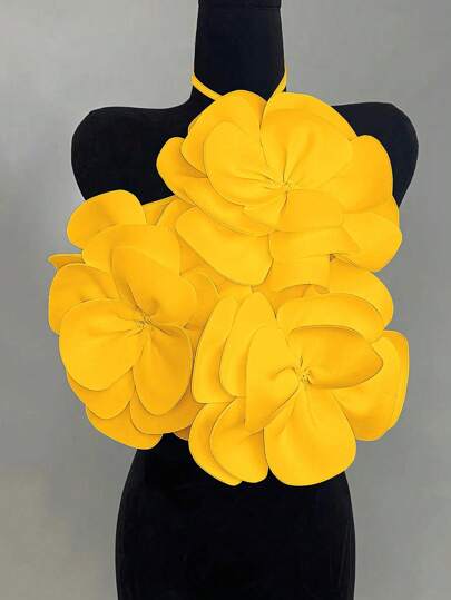 Chiquease Standard Size Women Tie-Up Halter Neck Tight Fit Sleeveless Top With White Floral Decor, Soft Ribbed Fabric