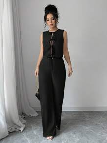 Siren Gaze Spring And Summer Women's Lace-Up Cardigan Suit, Contrasting Color Bow, Women's Top, Solid Color Casual Loose Trousers, Women's Two Pieces Set, Daily Casual, Workplace Commuting Wear Black - Black - View 4