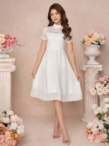SHEIN Pitira Vestido de encaje blanco semitransparente y parches de gasa hasta la mitad de la pierna para niñas adolescentes, apropiado para ocasiones como fiestas, elegante, bodas, regreso a clases, graduación