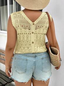 SHEIN Frenchy Plus Size Hollow-Out Loose Knitted Camisole, Suitable For Summer - Yellow - View 1