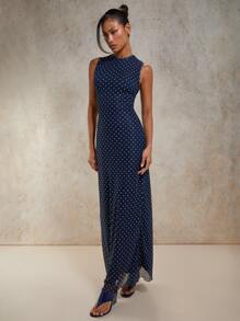 COSMINA Women's Navy Mesh Polka Dot Print Crew Neck Sleeveless Fitted Dress - Navy Blue - View 4