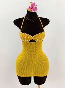 Amplova Summer Outfits For Women Vacation Pearl Shell Print Halter Back Tie Up Bodycon Mini Dress,Party Dress - Yellow - View 5