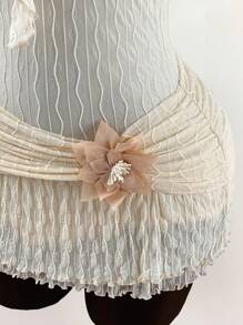 Amplova Ruffled Wrap-Around Ribbon Tie Neck Backless Floral Lace Trim Bodycon Mini Dress