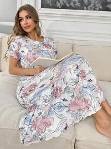 SHEIN 满花印花生菜下摆休闲女式睡袍，Moo Moo - 杏色 - 查看 1