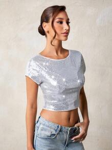Glamine Áo Crop Top hở lưng mùa hè mới cho nữ - Bạc - Xem 6