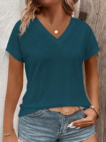 SHEIN VCAY Einfarbiges Lässig V-Ausschnitt Kurzarm T-Shirt in großen Größen, geeignet für den Sommer