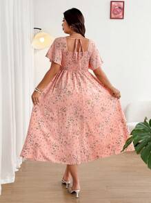 Vionelle Đầm Maxi xếp ly cổ vuông cỡ lớn cho nữ trang phục maxi cho nữ - Hồng - Xem 2