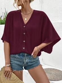 Breezaya Women'S V-Neck Batwing Sleeve Blouse Women Shirt - Burgundy - View 3