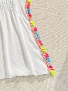 SHEIN Teen Girl Summer Vacation Beach Fashion Tassel Trim Cover Up Dress Young Girls Sets Beachwear Teen Cover Up Bathing Suit Cover Up Beach Cover Up Beach Cover Up Teen - White - View 5